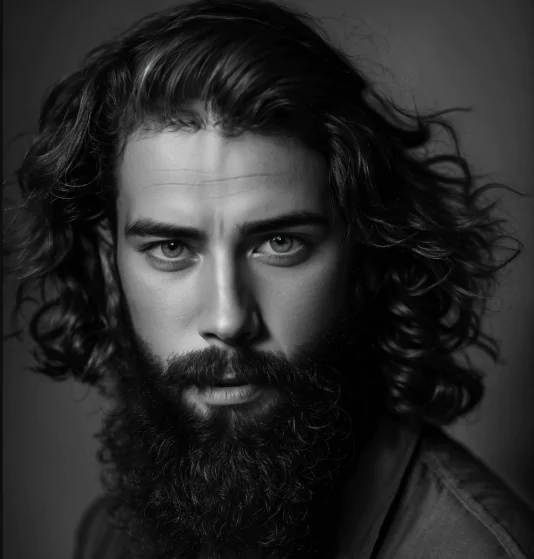 Tousled Long Curls Disheveled spiky hairstyle for men with mid skin fade and beard